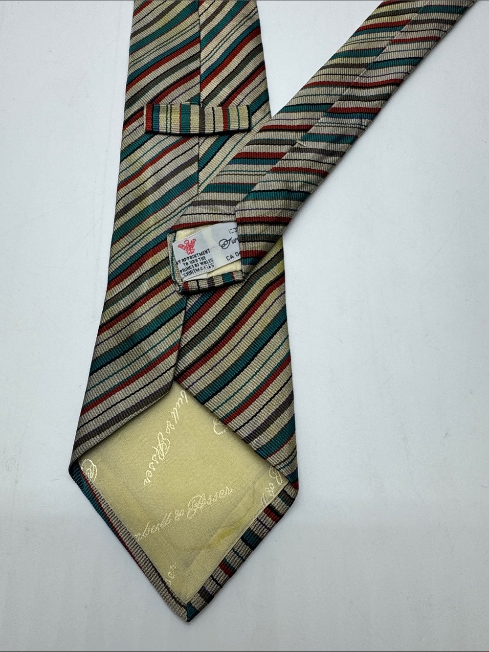 Turnbull & Asser Striped Silk Tie in Beige, Teal & Red #0038